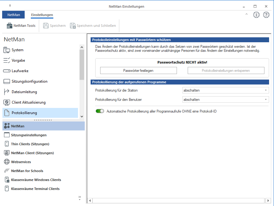 Grundeinstellung: Der Passwortschutz ist nicht aktiv, die automatische Protokollierung der Programmaufrufe erfolgt ohne Protokoll-ID. Grundeinstellung: Der Passwortschutz ist nicht aktiv, die automatische Protokollierung der Programmaufrufe erfolgt ohne Protokoll-ID.