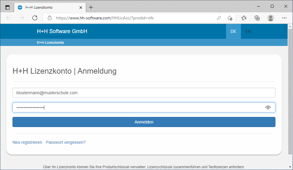 Anmeldung am H+H Lizenzkonto im Browser