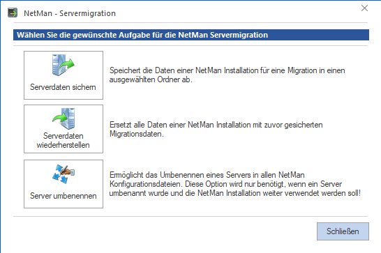 Servermigration mit den Aufgaben Serverdaten sichern, Serverdaten wiederherstellen und Server umbenennen Servermigration mit den Aufgaben Serverdaten sichern, Serverdaten wiederherstellen und Server umbenennen