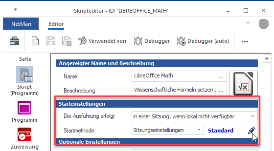 Starteinstellungen / Startmethode Sitzungseinstellungen Standard. Bearbeiten-Schaltfläche gewählt. Starteinstellungen / Startmethode Sitzungseinstellungen Standard. Bearbeiten-Schaltfläche gewählt.