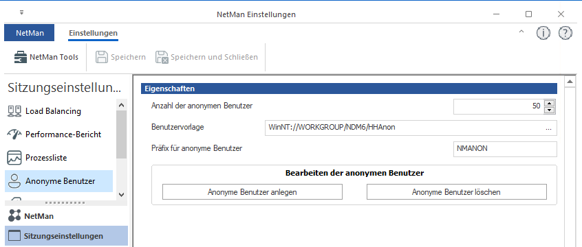 NetMan Einstellungen / Sitzungseinstellungen / Anonyme Benutzer NetMan Einstellungen / Sitzungseinstellungen / Anonyme Benutzer