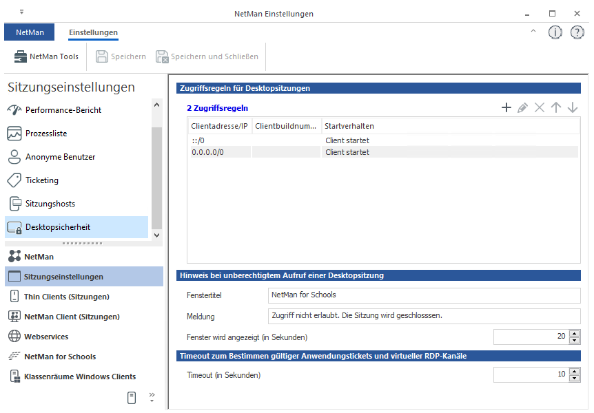 NetMan Einstellungen / Sitzungseinstellungen / Desktopsicherheit