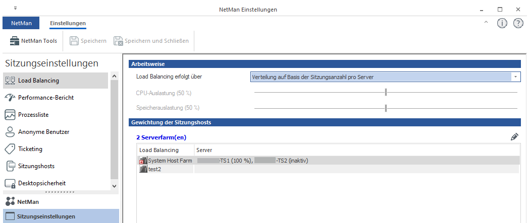 NetMan Einstellungen / Sitzungseinstellungen / Load Balancing