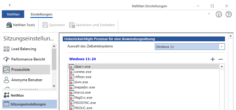NetMan Einstellungen / Sitzungseinstellungen / Prozessliste NetMan Einstellungen / Sitzungseinstellungen / Prozessliste