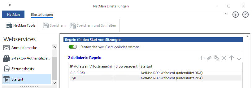 NetMan Einstellungen / Webservices / Startart