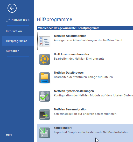 NetMan Center Backstage-Ansicht: Skript Import NetMan Center Backstage-Ansicht: Skript Import