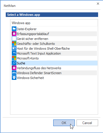 Auswahl einer Windows-App: Liste der zur Verfügung stehenden Windows-Apps. Auswahl einer Windows-App: Liste der zur Verfügung stehenden Windows-Apps.