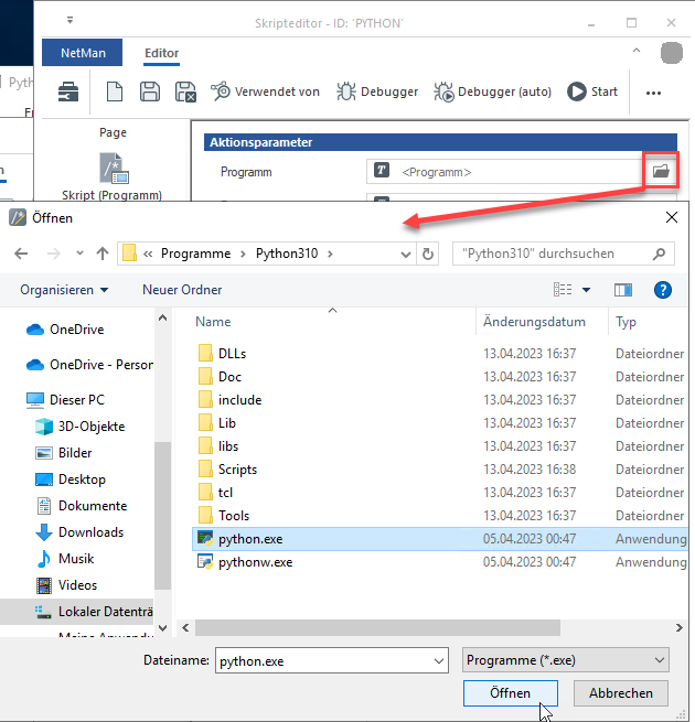 Seite Programm / Zeile Programm: Die Auswählen-Schaltfläche öfffnet den Windows Explorer. Sie wählen die ausführbare Datei (.exe) und aktivieren die Schaltfläche Öffnen. Seite Programm / Zeile Programm: Die Auswählen-Schaltfläche öfffnet den Windows Explorer. Sie wählen die ausführbare Datei (.exe) und aktivieren die Schaltfläche Öffnen.