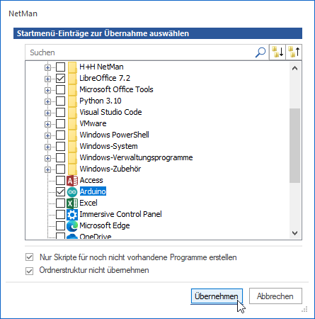Im Dialog Startmenü-Einträge zur Übernahme auswählen finden Sie alle Startmenü-Einträge des aktuellen Systems gelistet. Sie wählen die Einträe zur Übernahme durch Setzen eines Hakens vor den jeweiligen Programmnamen bzw. den Programmordner. Im Dialog Startmenü-Einträge zur Übernahme auswählen finden Sie alle Startmenü-Einträge des aktuellen Systems gelistet. Sie wählen die Einträe zur Übernahme durch Setzen eines Hakens vor den jeweiligen Programmnamen bzw. den Programmordner.