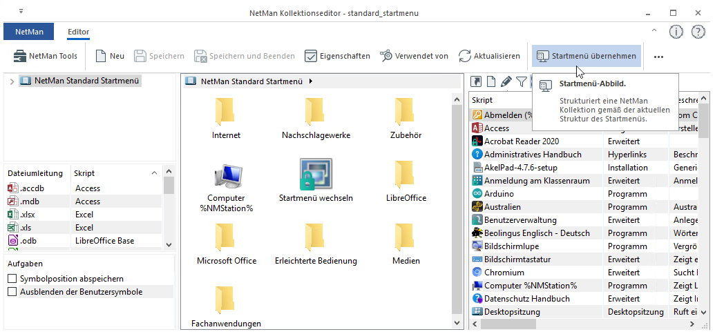 Kollektionseditor: Menüleiste Startmenü übernehmen gewählt Kollektionseditor: Menüleiste Startmenü übernehmen gewählt