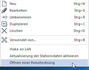 NetMan Center / Station/ Kontextmenü Öffnen einer Remotesitzung