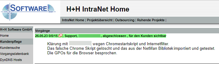 Screenshot der H+H Webseite mit Beispiel eines Vorganges in der Vorgangsdatenbank.