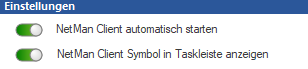 Die Schieberegler "NetMan Client automatisch starten" und "NetMan Client Symbol in Taskleiste anzeigen" sind aktiviert. Die Schieberegler "NetMan Client automatisch starten" und "NetMan Client Symbol in Taskleiste anzeigen" sind aktiviert.