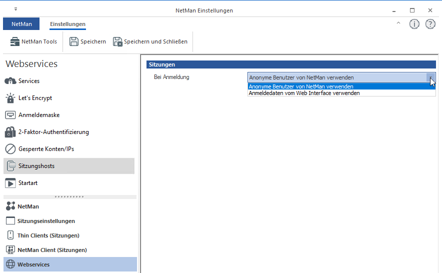NetMan Einstellungen Webservices / Sitzungshosts Sitzungen: Bei Anmeldungen Anonyme Benutzer von NetMan verwenden gewählt. NetMan Einstellungen Webservices / Sitzungshosts Sitzungen: Bei Anmeldungen Anonyme Benutzer von NetMan verwenden gewählt.