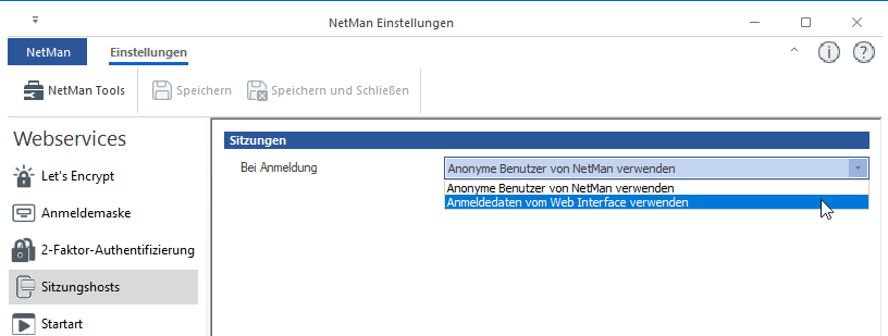 NetMan Einstellungen Webservices / Sitzungshosts Sitzungen: Bei Anmeldungen Anmeldedaten vom Web Interface verwenden gewählt. NetMan Einstellungen Webservices / Sitzungshosts Sitzungen: Bei Anmeldungen Anmeldedaten vom Web Interface verwenden gewählt.