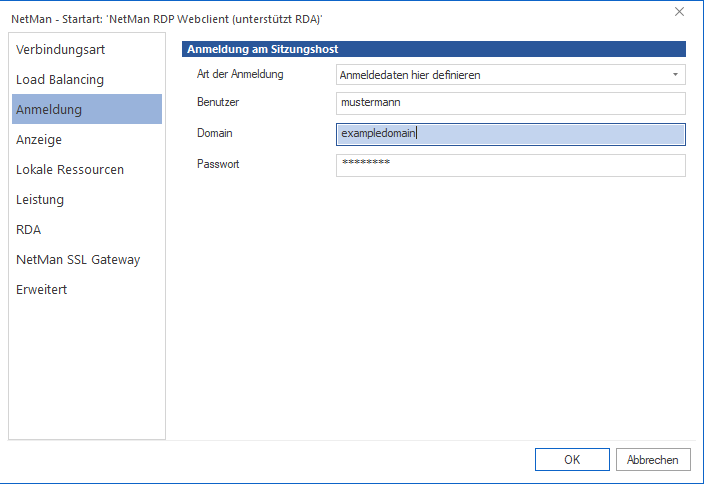 Dialog Startart, Karte Anmeldung: Im Feld Art der Anmeldung ist "Anmeldedaten hier definieren" gewählt. Im Feld Benutzer ist "mustermann" eingetragen, Im Feld Domain "exampledomain", zusätzlich ist ein Passwort eingetragen. Dialog Startart, Karte Anmeldung: Im Feld Art der Anmeldung ist "Anmeldedaten hier definieren" gewählt. Im Feld Benutzer ist "mustermann" eingetragen, Im Feld Domain "exampledomain", zusätzlich ist ein Passwort eingetragen.