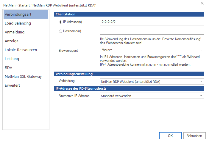 Dialog Startart Beispiel: Im Feld Browseragent ist *linux* eingetragen.