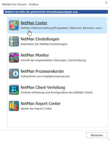 In den NetMan Tools öffnen Sie das NetMan Center. In den NetMan Tools öffnen Sie das NetMan Center.