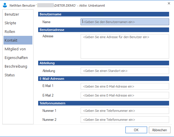 Kontaktdatenseite mit den Eingabefeldern: Name, Adresse, Abteilung, E-Mail 1 und 2, Telefonnummer 1 und 2. Kontaktdatenseite mit den Eingabefeldern: Name, Adresse, Abteilung, E-Mail 1 und 2, Telefonnummer 1 und 2.