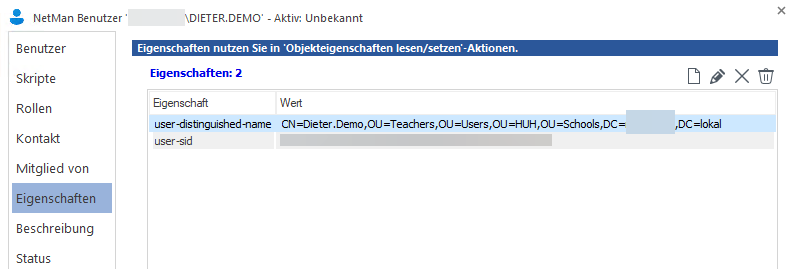 Benutzereigenschaften user-distinguished-name und user-sid Benutzereigenschaften user-distinguished-name und user-sid