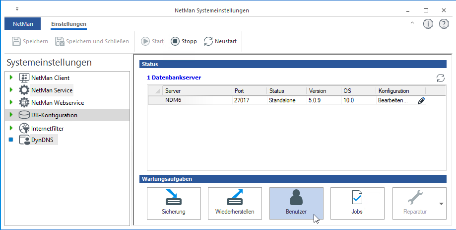 NetMan Systemeinstellungen Seite DB-Konfigurazion im Arbeitsbereich unten befinden sich die Wartungsaufgaben. Benutzer ist die 3. Schaltfläche von links. NetMan Systemeinstellungen Seite DB-Konfigurazion im Arbeitsbereich unten befinden sich die Wartungsaufgaben. Benutzer ist die 3. Schaltfläche von links.