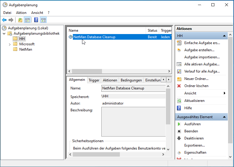 Aufgabenplanung NetMan Database Cleanup angewählt Aufgabenplanung NetMan Database Cleanup angewählt