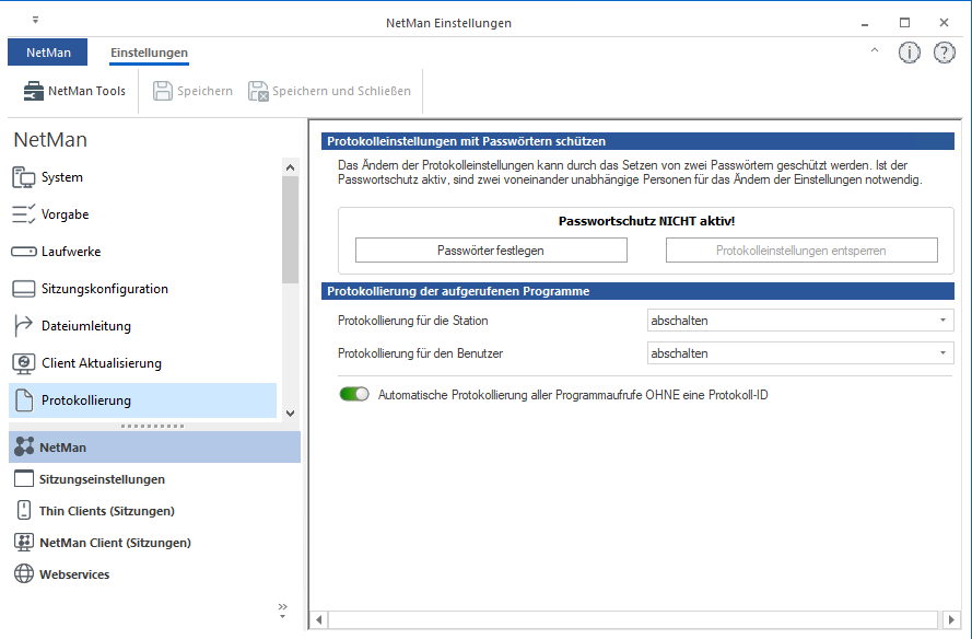 NetMan Einstellungen: Passworrtschutz nicht aktiv, automatische Protokollierung aller Programmaufrufe ohne Protokoll-ID NetMan Einstellungen: Passworrtschutz nicht aktiv, automatische Protokollierung aller Programmaufrufe ohne Protokoll-ID